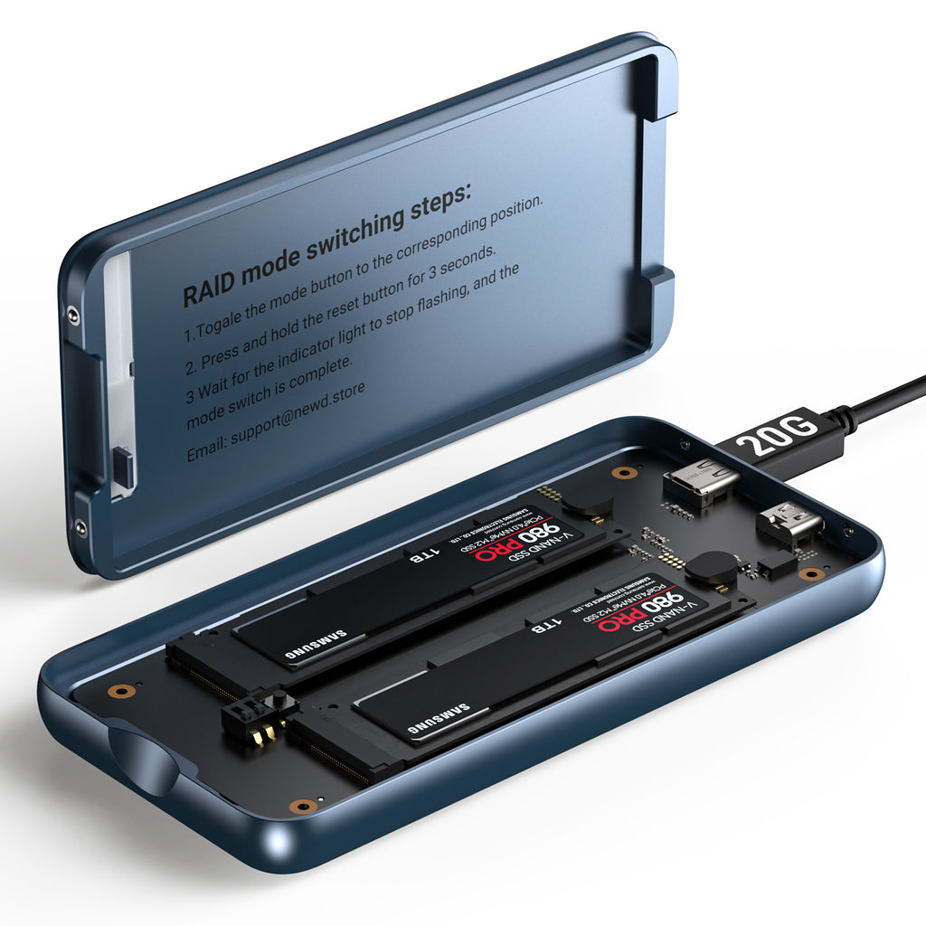 Dual Bay Raid SSD Enclosure: 2280 M2 Hard Drive Enclosure with Clone Mode & Raid 0/1 & JBOD Mode, 20Gbps Compatible to PCIe NVMe Harddrive Cloning HDD, Offline Duplicator