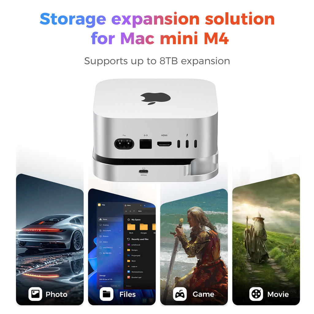 Mac Mini M4 Dock with 40Gbps M.2 NVMe SSD Enclosure, Tool-Free External Hard Drive Enclosure for Mac Mini M4/M4 Pro, Compatible with Thunderbolt 4/3, USB4/3.2/3.0, Supports 2230/2242/2260/2280(M Key)