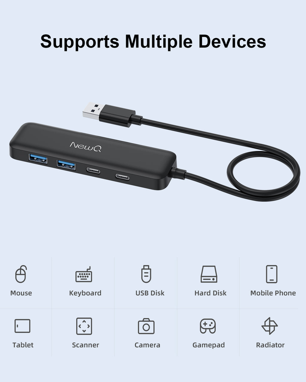 Dual USB-A USB-C Hub with 2ft Cable