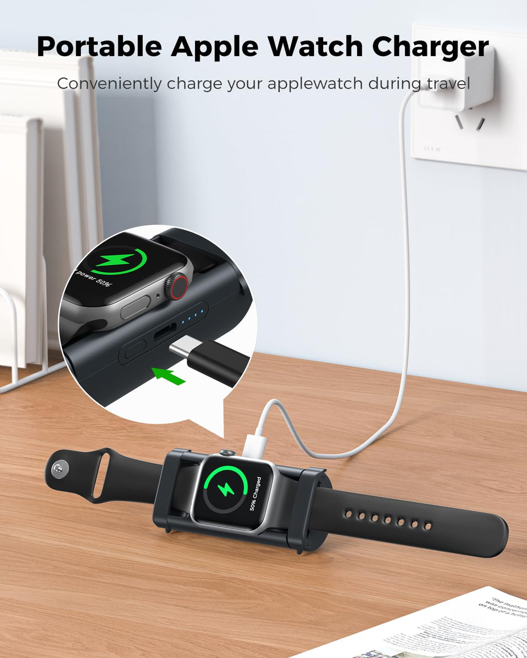 Lockable Portable Charger for Apple Watch 1800mAh, Black