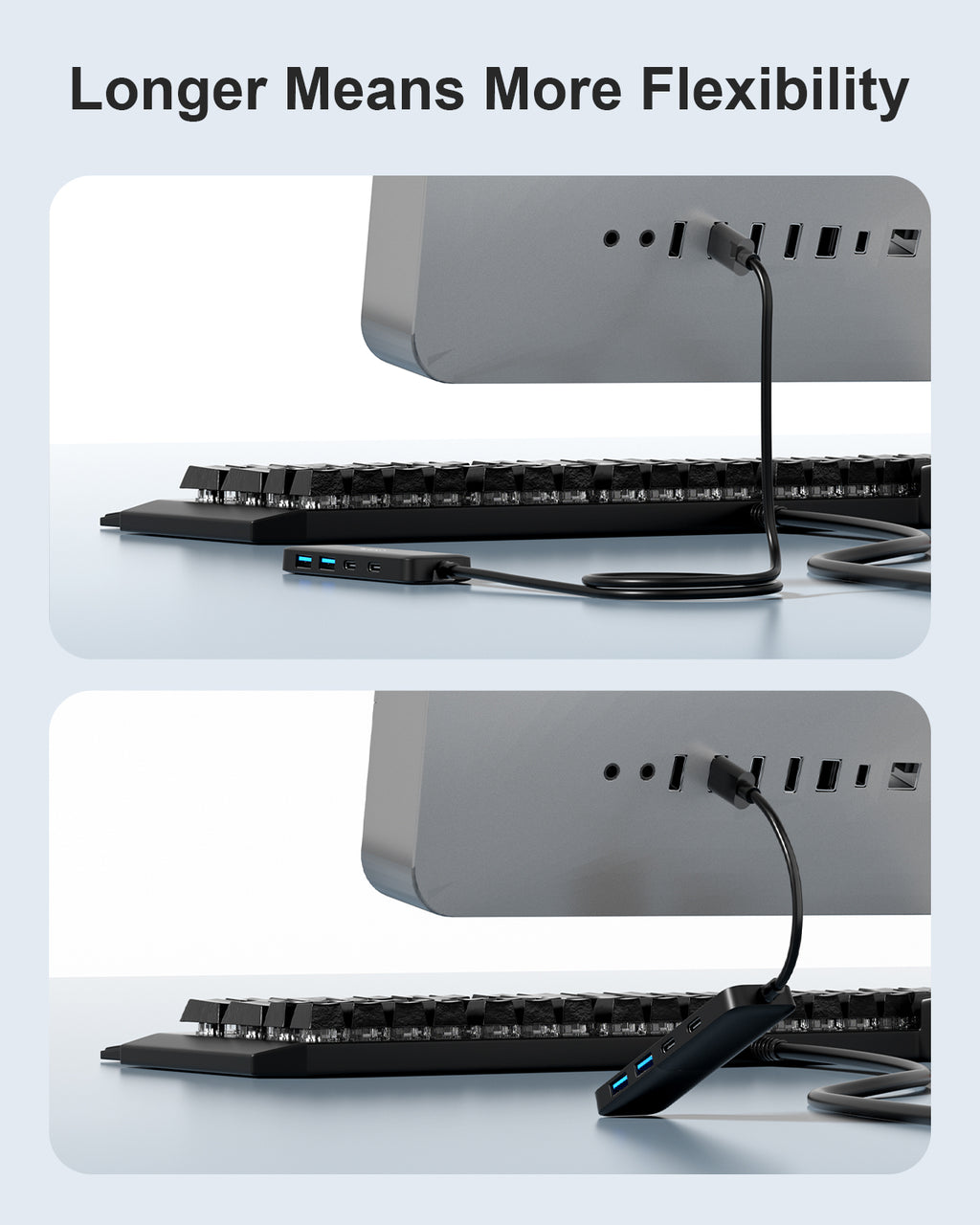 Dual USB-A USB-C Hub with 2ft Cable